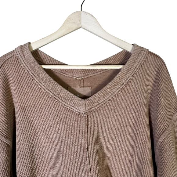 Aerie Wonder Textured V-Neck Long Sleeve Sweatshirt Womens S Brown Clean Girl - Picture 3 of 7